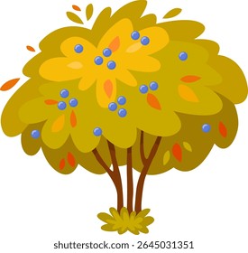Cartoon illustration featuring a blueberry bush adorned with ripe berries and vibrant foliage, capturing the essence of the plant during the colorful autumn season