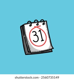 Cartoon illustration featuring a calendar with the date 31 circled prominently, set against a simple blue background, symbolizing deadlines, appointments, and important dates.