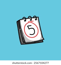 Cartoon illustration featuring a calendar with the date 5 circled prominently, 
set against a simple blue background, symbolizing deadlines, appointments, 
and important dates.