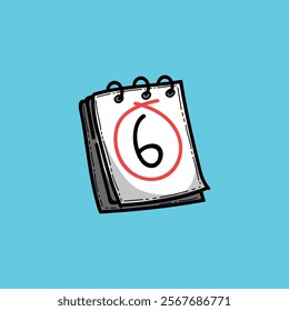 
Cartoon illustration featuring a calendar with the date 6 circled prominently, 
set against a simple blue background, symbolizing deadlines, appointments, 
and important dates.