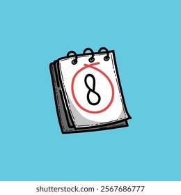 
Cartoon illustration featuring a calendar with the date 8 circled prominently, 
set against a simple blue background, symbolizing deadlines, appointments, 
and important dates.