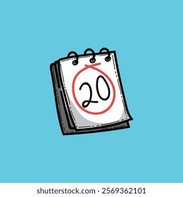 Cartoon illustration featuring a calendar with the date 20 circled prominently, 
set against a simple blue background, symbolizing deadlines, appointments, 
and important dates.