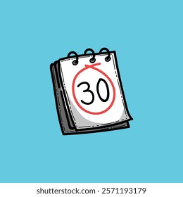 Cartoon illustration featuring a calendar with the date 30 circled prominently, 
set against a simple blue background, symbolizing deadlines, appointments, 
and important dates.