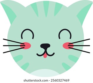 Cartoon illustration featuring a charming turquoise cat face with playful pink cheeks, a winking eye, and a tongue sticking out, all set against a clean white background