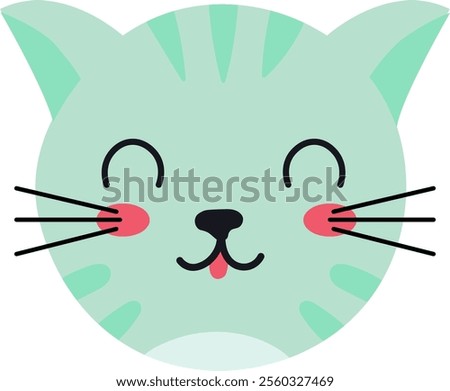 Cartoon illustration featuring a charming turquoise cat face with playful pink cheeks, a winking eye, and a tongue sticking out, all set against a clean white background