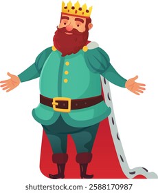 Cartoon illustration featuring a cheerful king, adorned with a golden crown, dressed in vibrant green attire and a striking red cape, standing with open arms in a welcoming gesture