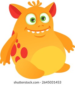 Cartoon illustration featuring a cheerful orange and yellow monster with large green eyes, oversized ears, and playful red spots, happily sitting on the floor against a white background