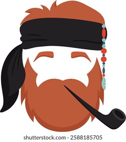 Cartoon illustration featuring a cheerful red haired pirate, enjoying a pipe while wearing a colorful bandana adorned with beads, exuding a fun and relaxed vibe