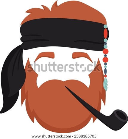 Cartoon illustration featuring a cheerful red haired pirate, enjoying a pipe while wearing a colorful bandana adorned with beads, exuding a fun and relaxed vibe