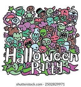 Cartoon illustration featuring a crowd of colorful monsters and characters with "Halloween Party" text in a bold offset effect, set against a white background in a fun and festive style.
