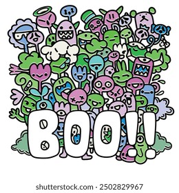 Cartoon illustration featuring a crowd of playful monsters and characters with "Boo!!" text in a bold offset effect, set against a white background in a colorful and whimsical design.
