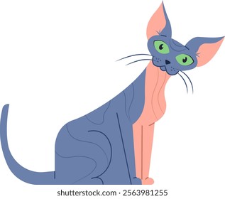 Cartoon illustration featuring a curious sphynx cat sitting and gazing with large green eyes, set against a clean white background, highlighting its playful and adorable nature