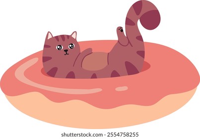 Cartoon illustration featuring a cute brown tabby cat lying on its back inside a giant donut, paws playfully raised, savoring a sweet and comfortable moment of relaxation