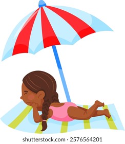 Cartoon illustration featuring a cute dark skinned girl with braided hair, relaxing on a striped beach towel under a red and light blue umbrella on a sunny beach day