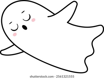 Cartoon illustration featuring a cute ghost floating gently with closed eyes and rosy cheeks, radiating a sense of tranquility and sweetness in a whimsical, serene manner