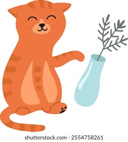 Cartoon illustration featuring a cute ginger cat happily pointing at a light blue vase filled with a stylized plant, all set against a clean white background