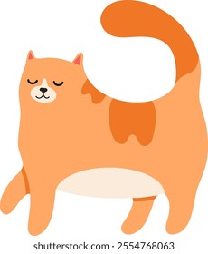 Cartoon illustration featuring a cute ginger cat walking joyfully with closed eyes and a raised tail, set against a clean white background, radiating charm and playfulness