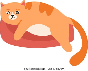 Cartoon illustration featuring a cute ginger cat comfortably lying down in its cozy bed, fully enjoying a peaceful moment of relaxation and tranquility