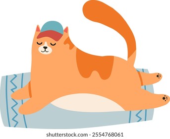 Cartoon illustration featuring a cute orange cat wearing a cap, peacefully sleeping on a small rug, set against a clean white background, radiating comfort and coziness