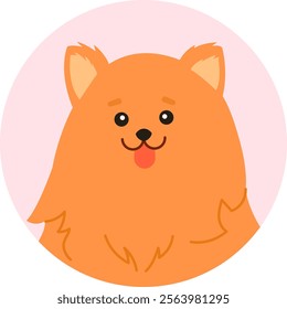 Cartoon illustration featuring a cute pomeranian dog playfully sticking its tongue out, set within a vibrant pink circle, making it an ideal choice for pet lovers and dog enthusiasts