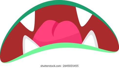 Cartoon illustration featuring a fearsome green monster with its mouth wide open, displaying sharp white teeth and a bright pink tongue, letting out an intimidating roar against a white background