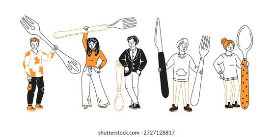 Cartoon-Illustration mit fünf Zeichen, die übergroße Utensilien halten. Schwarz-Weiß mit orangefarbenen Akzenten. Stellt Humor und den Alltag dar. Minimalistischer Stil.