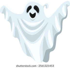 Cartoon illustration featuring a friendly ghost floating with open arms and a cheerful smile, creating a playful vibe perfect for Halloween themed projects and spooky designs