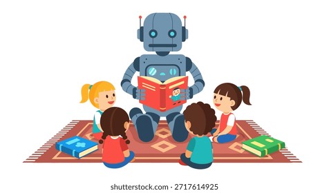 Eine Cartoon-Illustration mit einem freundlichen Roboter, der einer Gruppe aufmerksamer Kinder, die auf einem gemusterten Teppich sitzen, ein Geschichtenbuch vorliest. Dieses Bild steht für moderne Bildung, technologischen Fortschritt,