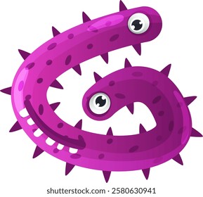 Cartoon illustration featuring a funny, smiling purple bacterium or virus with playful spikes and oversized eyes, creatively forming the letter g of the alphabet against a white background