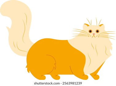 Cartoon illustration featuring a ginger cat standing proudly and displaying its large, fluffy tail, set against a clean white background for a charming visual appeal