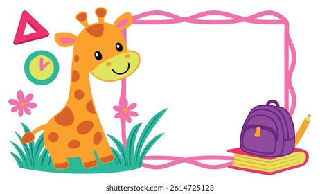 Cartoon illustration featuring a giraffe with spots, frame, clock, triangle, flowers, and grass on a white backdrop with school supplies.