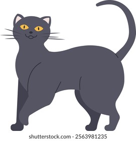 Cartoon illustration featuring a gray cat walking with its tail held high, gazing curiously upwards. Set against a clean white background, the image radiates playfulness and charm