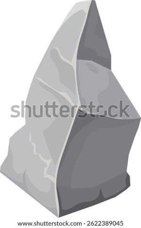 Cartoon illustration featuring a gray rock with a sharp point, standing upright against a clean white background. The design creates a simple yet captivating visual element