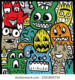 Cartoon illustration featuring a group of colorful monsters with playful expressions in a halftone effect, set against a white background with a fun and lively design.

