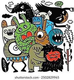 Cartoon illustration featuring a group of playful monsters with vibrant colors and bold expressions, drawn with an offset effect against a white background, showcasing a fun and energetic style.
