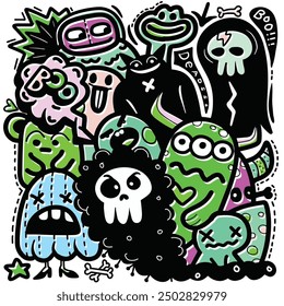 Cartoon illustration featuring a group of spooky monsters and characters in bold colors with an offset effect, set against a white background, showcasing a fun and eerie Halloween theme.
