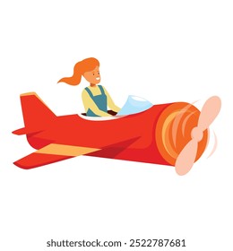 Cartoon illustration featuring a happy woman pilot flying a red airplane, evoking concepts of freedom, adventure, and pursuing dreams