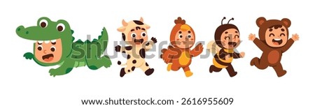 Cartoon illustration featuring kids dressed in playful animal costumes. They are running and having fun, evoking joy and imagination.