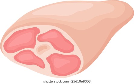 Cartoon illustration featuring a large, fresh piece of pork ham, showcasing tender, juicy pink meat against a clean white background, perfect for culinary and food related themes