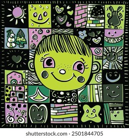 Cartoon illustration featuring a large smiling face surrounded by geometric doodles and patterns with an offset effect, arranged in a vibrant grid layout on a dark background.
