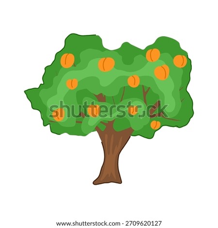 Cartoon illustration featuring a leafy green fruit tree, its branches full of ripe, round orange peaches, symbolizing nature's bounty and healthy eating