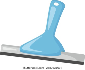 Cartoon illustration featuring a light blue squeegee designed for cleaning windows and various surfaces, showcasing a comfortable handle and a flexible rubber blade for effective use