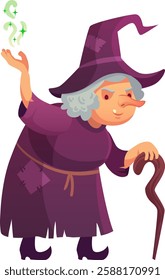 Cartoon illustration featuring an old Halloween witch dressed in a vibrant purple gown and matching hat, casting a magical spell with her wand and hand amidst swirling green smoke