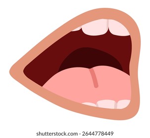 Cartoon illustration featuring an open mouth with tongue and teeth, expressing emotions through screaming or singing, rendered in a simple flat vector style on a white background
