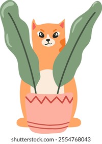 Cartoon illustration featuring an orange cat playfully sitting behind a vibrant green plant in a pot, creating a whimsical and cheerful scene perfect for home decor