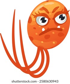 Cartoon illustration featuring an orange virus with an angry face, sharp teeth, and claws, symbolizing disease, infection, and healthcare concepts