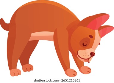 Cartoon illustration featuring a playful brown puppy bending down and curiously sniffing the ground with closed eyes, embodying a joyful and lively spirit in a cheerful pose