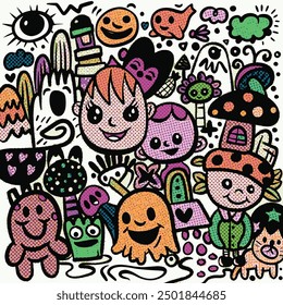 Cartoon illustration featuring playful characters and whimsical doodles in a halftone effect, arranged on a white background with vibrant colors and a cheerful design.