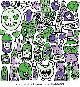 Cartoon illustration featuring playful doodles and characters in vibrant colors with an offset effect, arranged on a white background in a whimsical and fun style.
