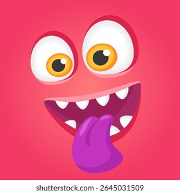 Cartoon illustration featuring a playful pink monster with oversized eyes and sharp teeth, playfully sticking out its vibrant purple tongue against a matching pink background